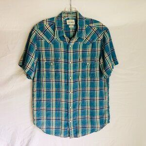 Lucky Brand Men's Size Medium 100% Linen Blue Plaid Pearl Snap Western Shirt